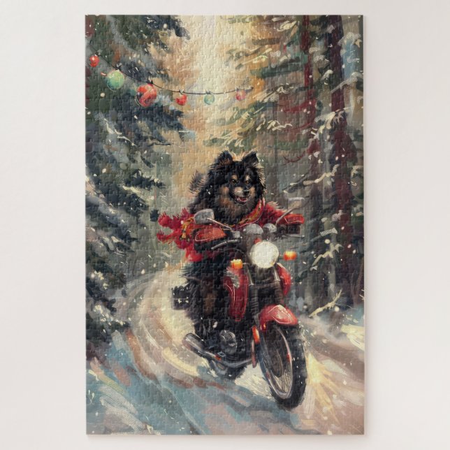 Finnisch Lapphund Dog Riding Motorrad Weihnachten Puzzle (Vertikal)