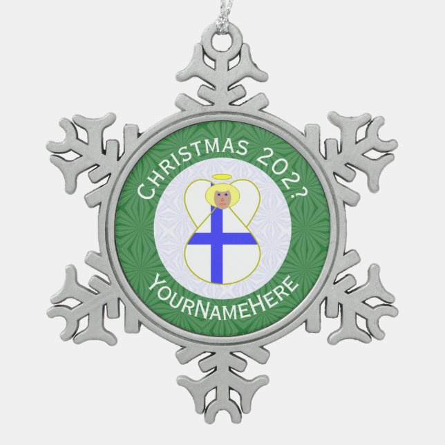 Finnische Angel-Weihnachtsflagge Personalisiert Schneeflocken Zinn-Ornament (Vorderseite)