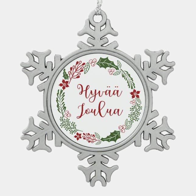 Finnischer Heiligabend, Hyvää joulua Schneeflocken Zinn-Ornament (Vorderseite)
