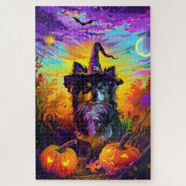 Finnischer Lapphund Hund Halloween Hexe und Kürbis Puzzle (Vertikal)