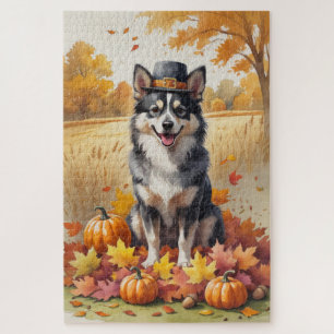 Finnischer Lapphund im Herbstlaub Erntedank Kunst Puzzle