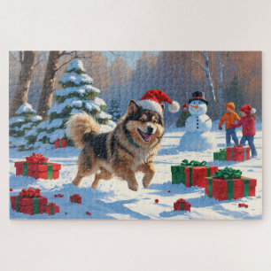 Finnischer Lapphund läuft durch Schnee mit Weihnac Puzzle