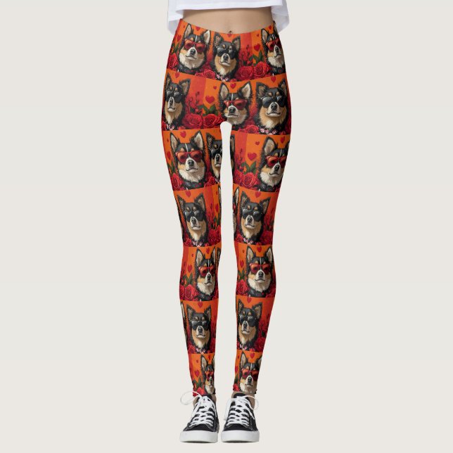 Finnischer Lapphund mit Herz-Rose Valentinstag Leggings (Vorderseite)