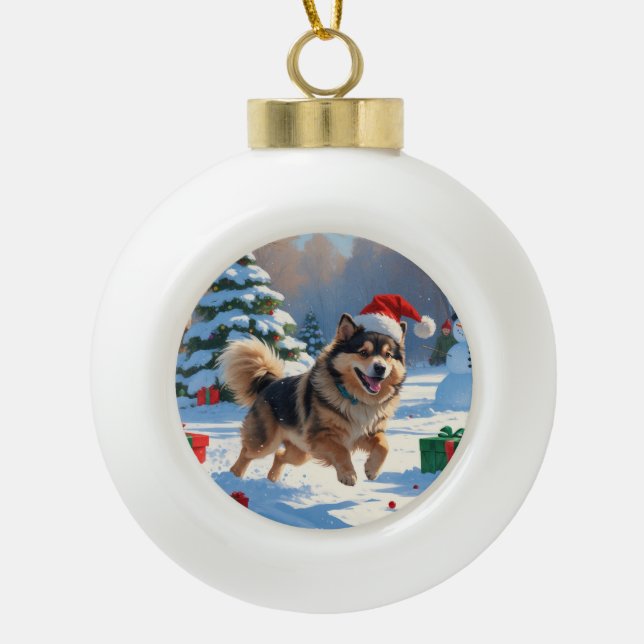Finnischer Lapphund Running Snow mit Weihnachtshut Keramik Kugel-Ornament (Vorderseite)