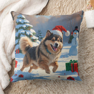 Finnischer Lapphund Running Snow mit Weihnachtshut Kissen
