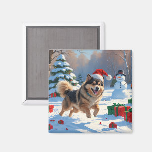 Finnischer Lapphund Running Snow mit Weihnachtshut Magnet