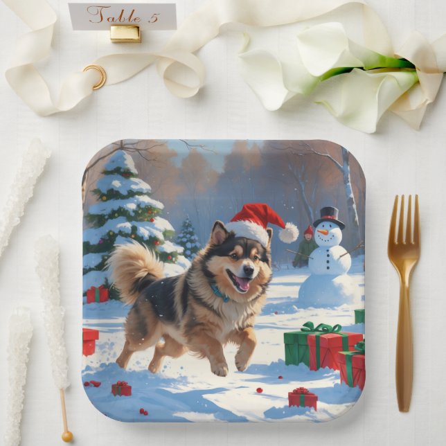 Finnischer Lapphund Running Snow mit Weihnachtshut Pappteller (Hochzeit)