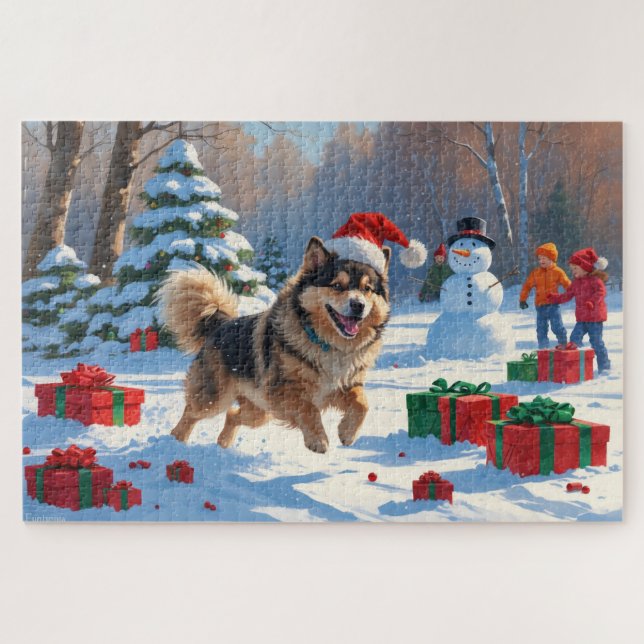 Finnischer Lapphund Running Snow mit Weihnachtshut Puzzle (Horizontal)