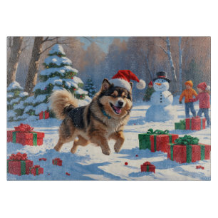 Finnischer Lapphund Running Snow mit Weihnachtshut Schneidebrett