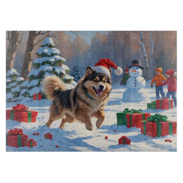 Finnischer Lapphund Running Snow mit Weihnachtshut Schneidebrett (Vorderseite)