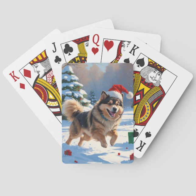 Finnischer Lapphund Running Snow mit Weihnachtshut Spielkarten (Rückseite)