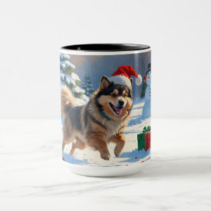 Finnischer Lapphund Running Snow mit Weihnachtshut Tasse