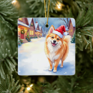 Finnischer Lapphund Schneedor Santa-Hut Weihnachte Keramikornament