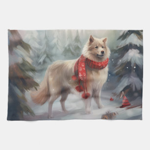 Finnischer Lapplandhund im Schnee Weihnachten  Geschirrtuch