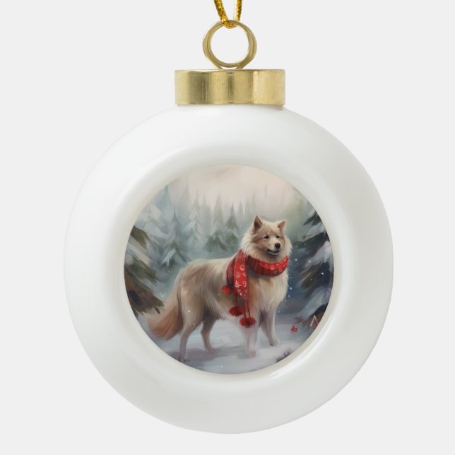 Finnischer Lappund Hund in Schnee Weihnachten Keramik Kugel-Ornament (Vorderseite)