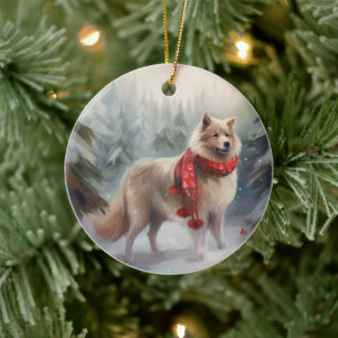 Finnischer Lappund Hund in Schnee Weihnachten Keramik Ornament