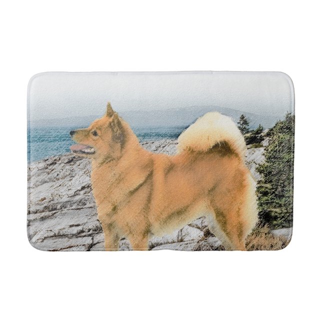 Finnischer Spitz beim Seashore-Gemälde - Hundekuns Badematte (Vorderseite)