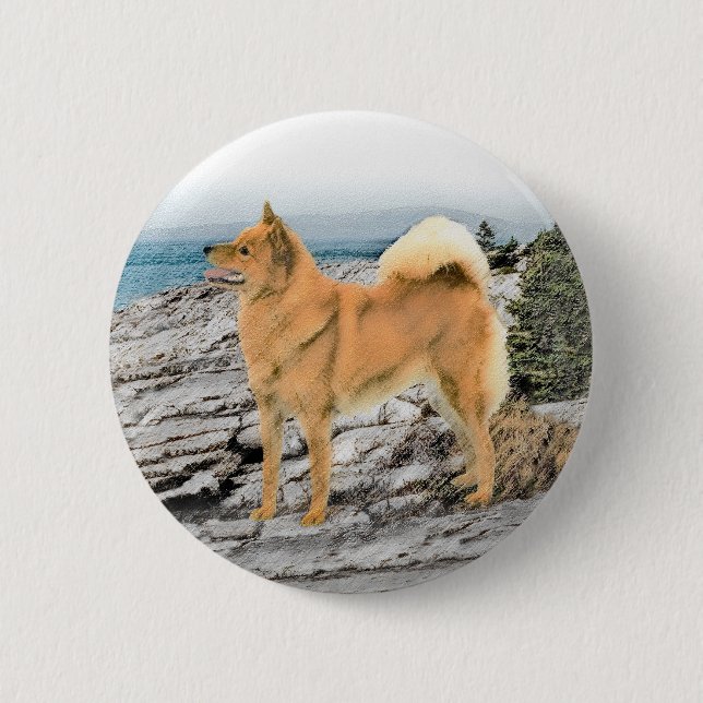 Finnischer Spitz beim Seashore-Gemälde - Hundekuns Button (Vorderseite)