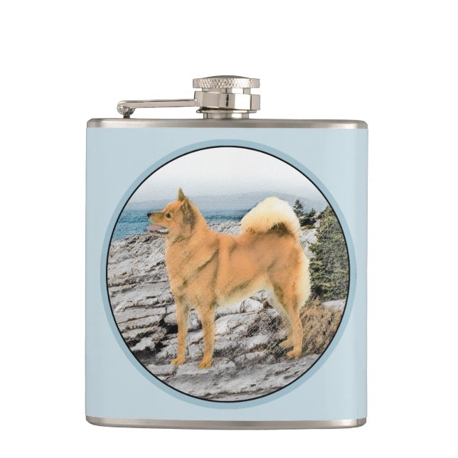 Finnischer Spitz beim Seashore-Gemälde - Hundekuns Flachmann (Vorderseite)