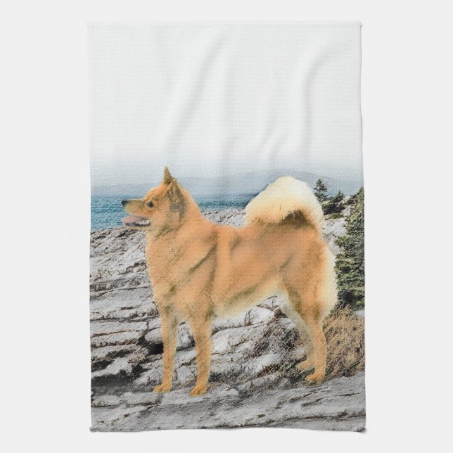 Finnischer Spitz beim Seashore-Gemälde - Hundekuns Geschirrtuch (Vertikal)