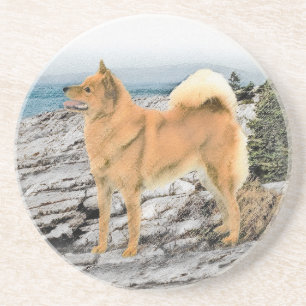 Finnischer Spitz beim Seashore-Gemälde - Hundekuns Getränkeuntersetzer