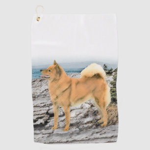 Finnischer Spitz beim Seashore-Gemälde - Hundekuns Golfhandtuch