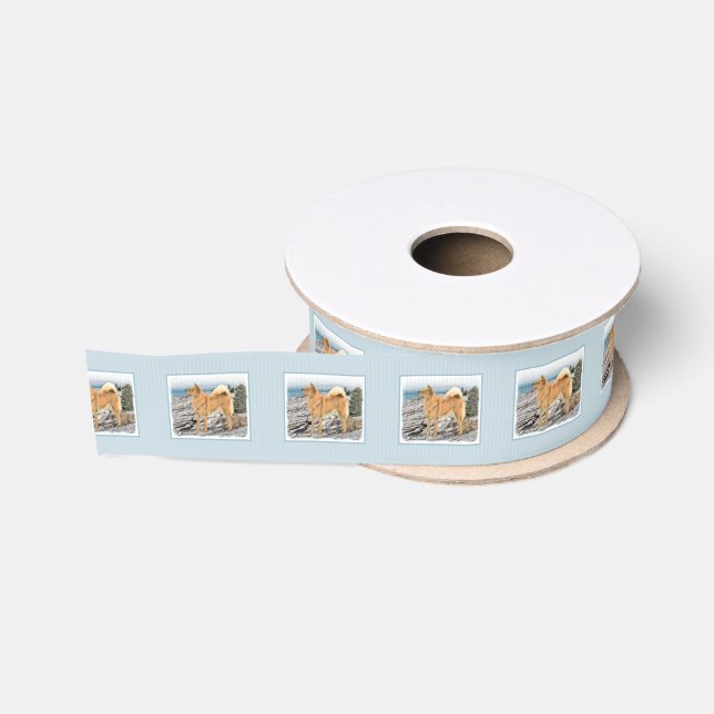 Finnischer Spitz beim Seashore-Gemälde - Hundekuns Ripsband (Spule)