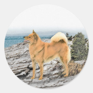 Finnischer Spitz beim Seashore-Gemälde - Hundekuns Runder Aufkleber