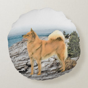 Finnischer Spitz beim Seashore-Gemälde - Hundekuns Rundes Kissen