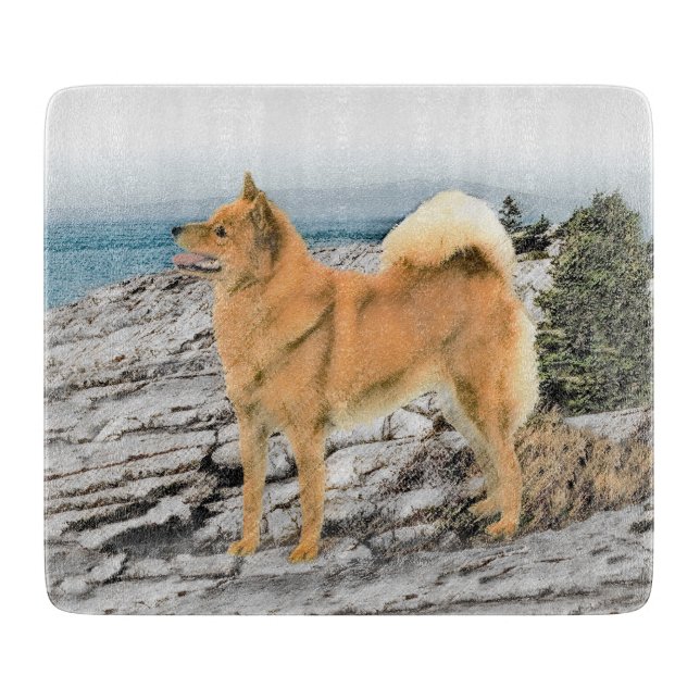 Finnischer Spitz beim Seashore-Gemälde - Hundekuns Schneidebrett (Vorderseite)