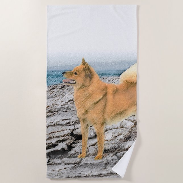 Finnischer Spitz beim Seashore-Gemälde - Hundekuns Strandtuch (Vorderseite)