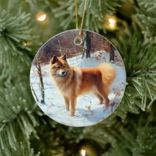 Finnischer Spitz lässt es Weihnachten schneien Keramik Ornament