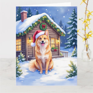Finnischer Spitz Schneehütte Weihnachtsmannmütze W Karte