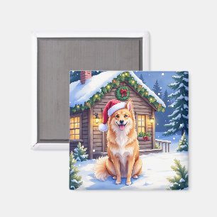 Finnischer Spitz Schneehütte Weihnachtsmannmütze W Magnet