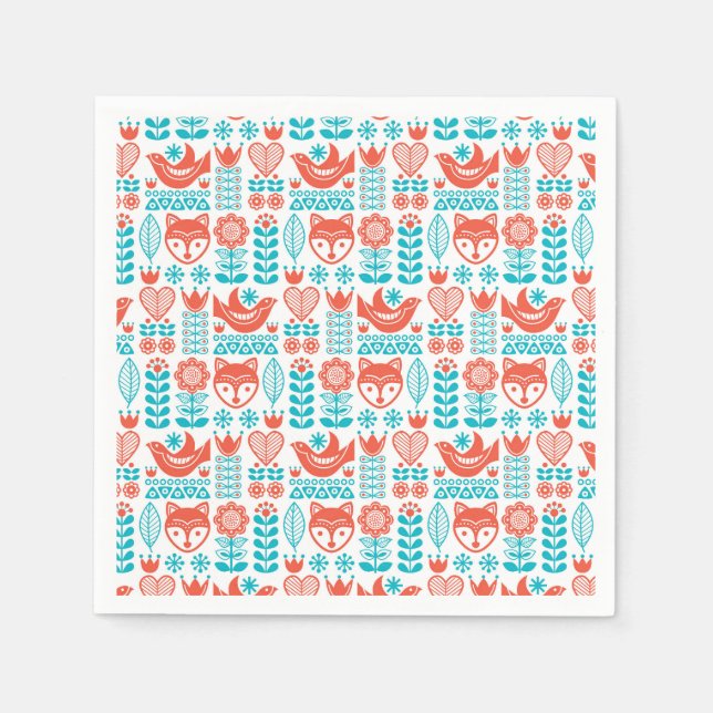 Finnisches Fox & Bird Folk Art Muster Serviette (Vorderseite)