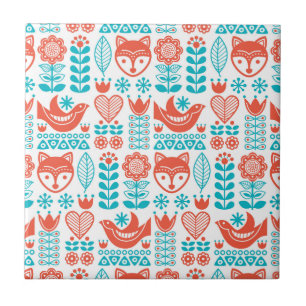 Finnisches Fox- u. Vogel-Volkskunst-Muster Fliese