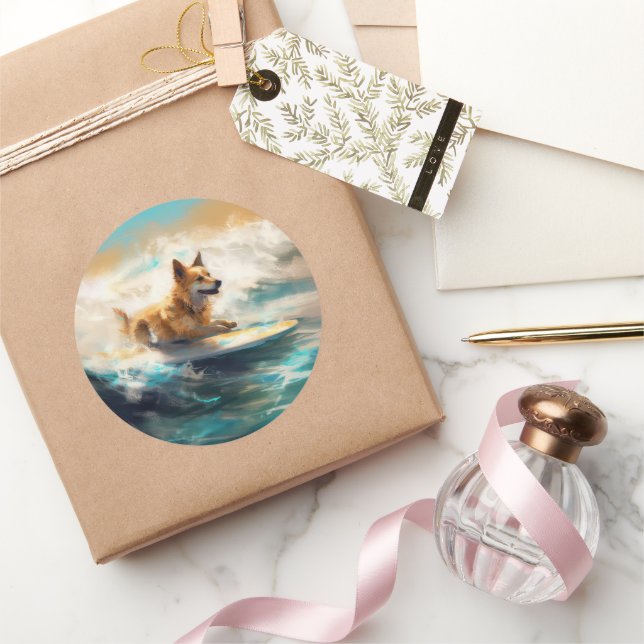 Finnisches Lapphund Beach Surfainting Runder Aufkleber (Schenken)