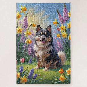 Finnisches Lapphund Hund Frühlingsblumen Malerei Puzzle