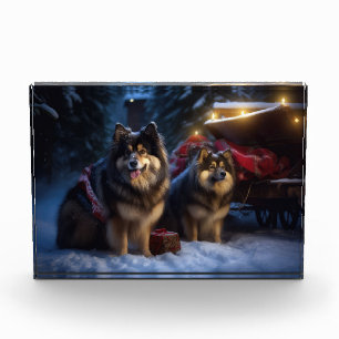 Finnisches Lapphund Snowy Sleigh Weihnachtsdekor Fotoblock