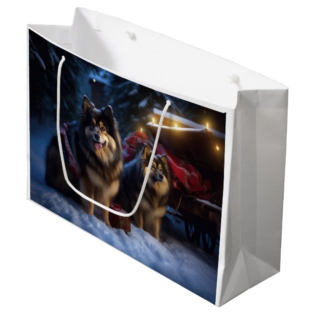 Finnisches Lapphund Snowy Sleigh Weihnachtsdekor Große Geschenktüte (Vorderseite Schrägansicht)
