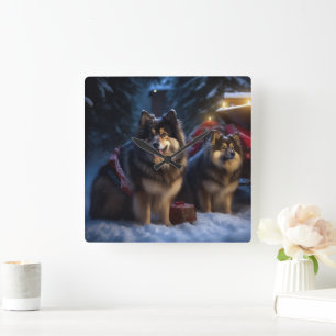 Finnisches Lapphund Snowy Sleigh Weihnachtsdekor Quadratische Wanduhr