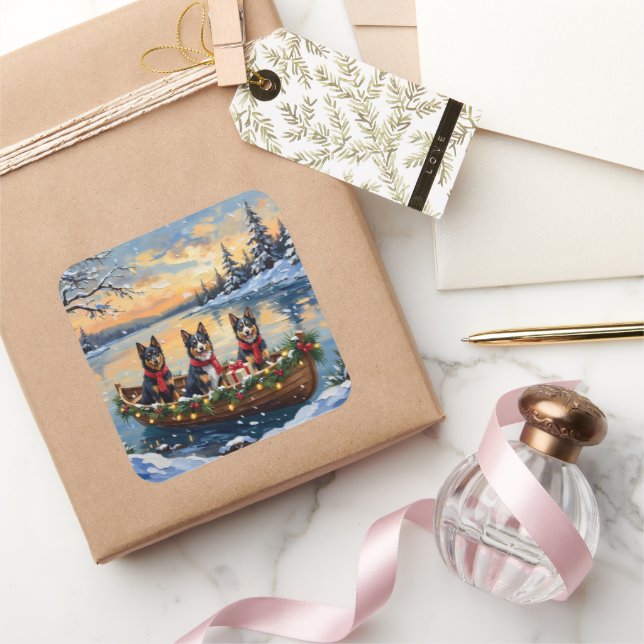 Finnish Lapphund Christmas Boat Holiday Quadratischer Aufkleber (Schenken)