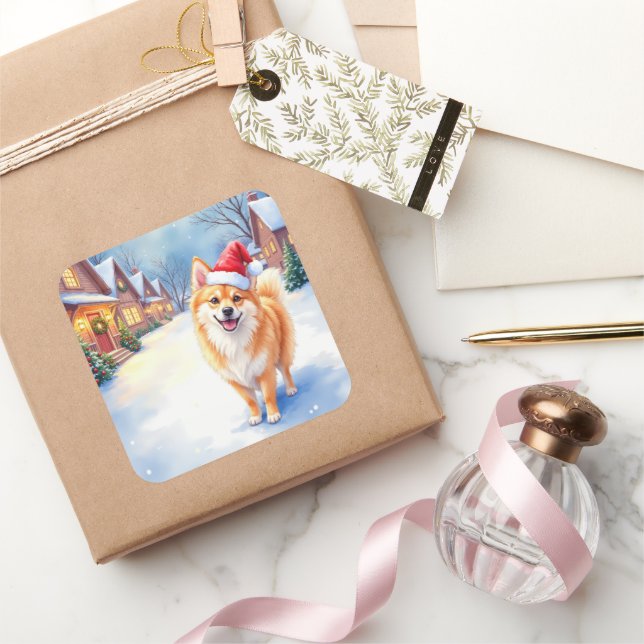 Finnish Lapphund Snowy Village Santa Hat Christmas Quadratischer Aufkleber (Schenken)
