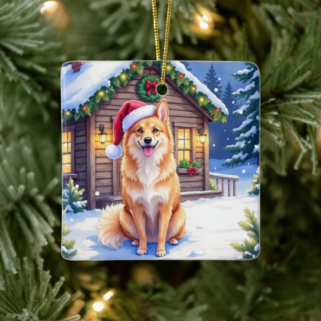 Finnish Spitz Snowy Cabin Santa Hat Christmas Art Keramikornament (Baum)