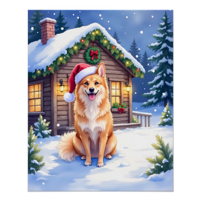 Finnish Spitz Snowy Cabin Santa Hat Christmas Art Poster (Vorderseite)