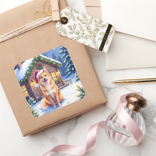 Finnish Spitz Snowy Cabin Santa Hat Christmas Art Quadratischer Aufkleber (Schenken)