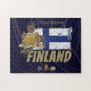 Finnland-Elch-Vintage-Flaggenzelt Retro-Souvenir Puzzle