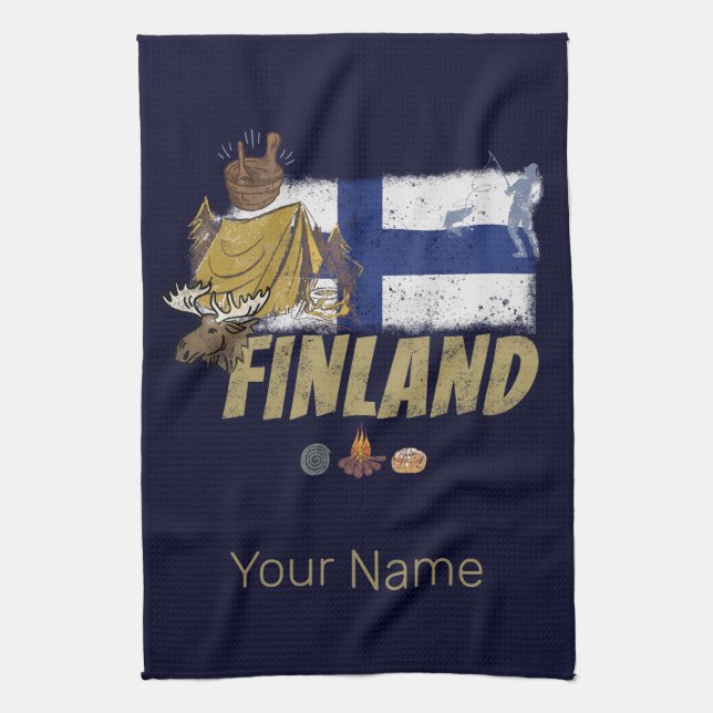 Finnland Moose Vintag Flag Tent Retro Souvenir Geschirrtuch (Vertikal)