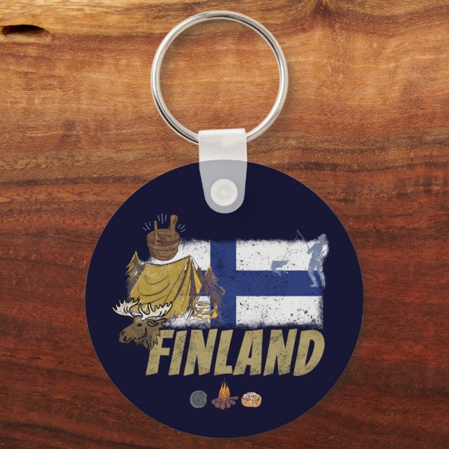 Finnland Moose Vintag Flag Tent Retro Souvenir Schlüsselanhänger (Vorderseite)