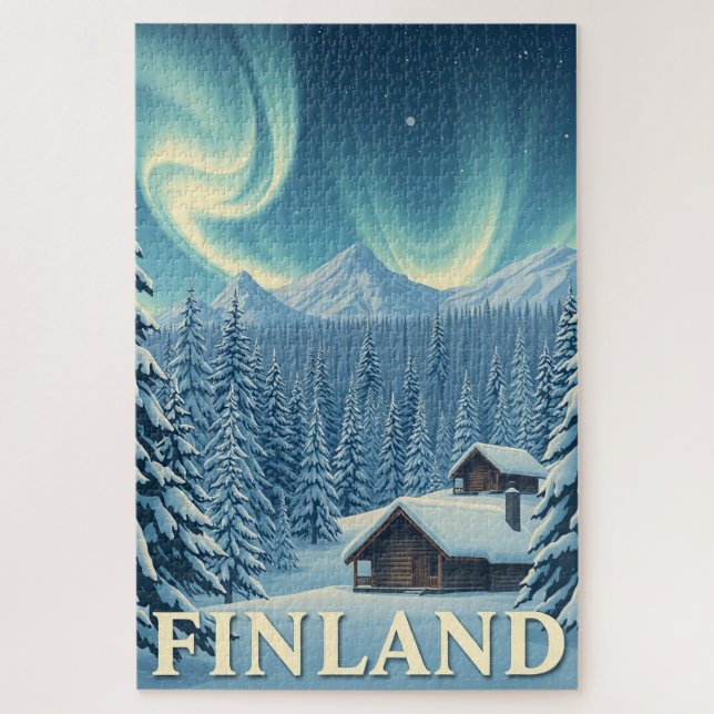 Finnland Nordlichter Winterhütte Puzzle (Vertikal)